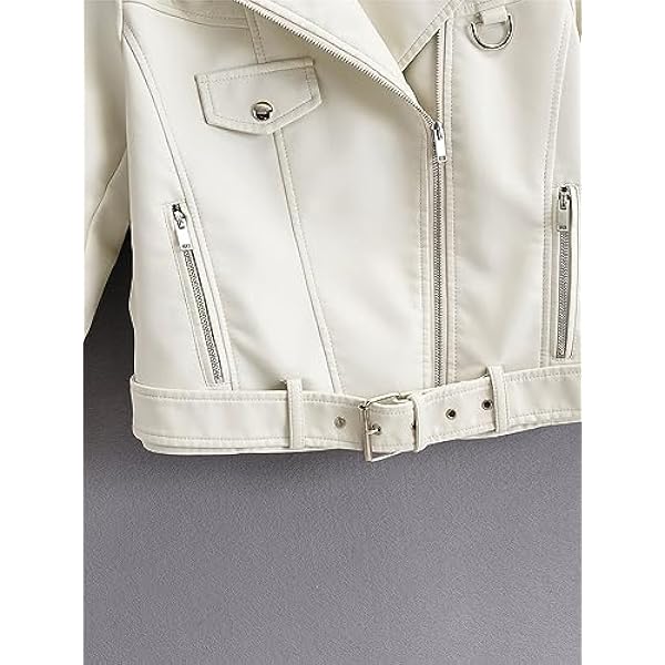 Adhdyuud Vrouwen Casual Pu Lederen Motorjas Riem Solid Jassen Slim Fit Zakken Ruches Jas